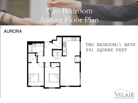 Floor plan for 2 beds, 1 bath, 991 sqft